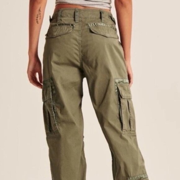 Abercrombie & Fitch Utility Cargo Pants Baggy Y2K Style Olive Satin Accents - Picture 11 of 16